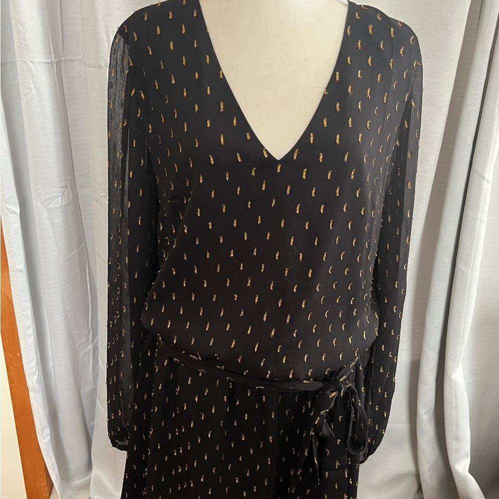 Black and gold sheer sleeved blouson dress. Perfect for holiday parties!